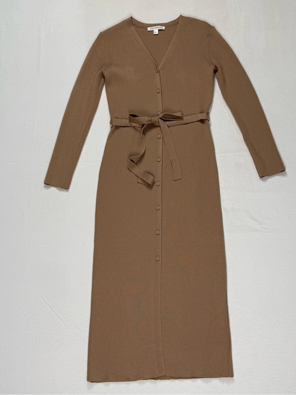 Lucky Brand Ribbed Button-Front Midi Dress in Taupe Brown